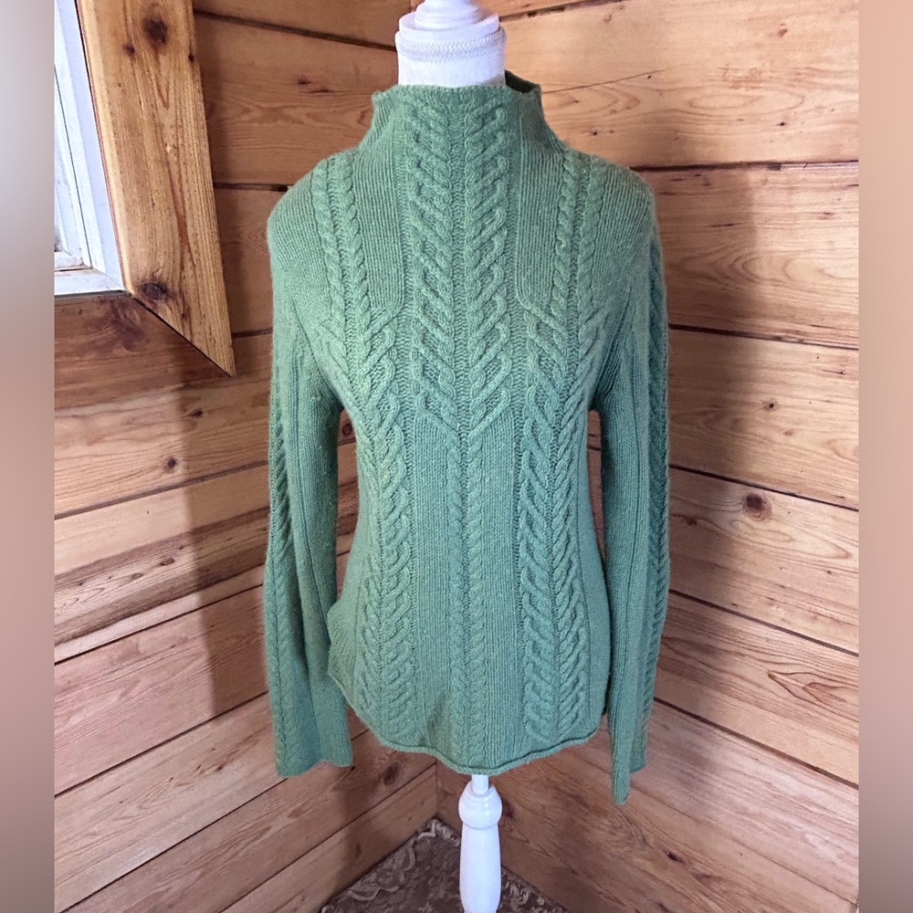 Vintage Kelly Green Cable Knit Turtleneck Sweater Womens Medium Handmade